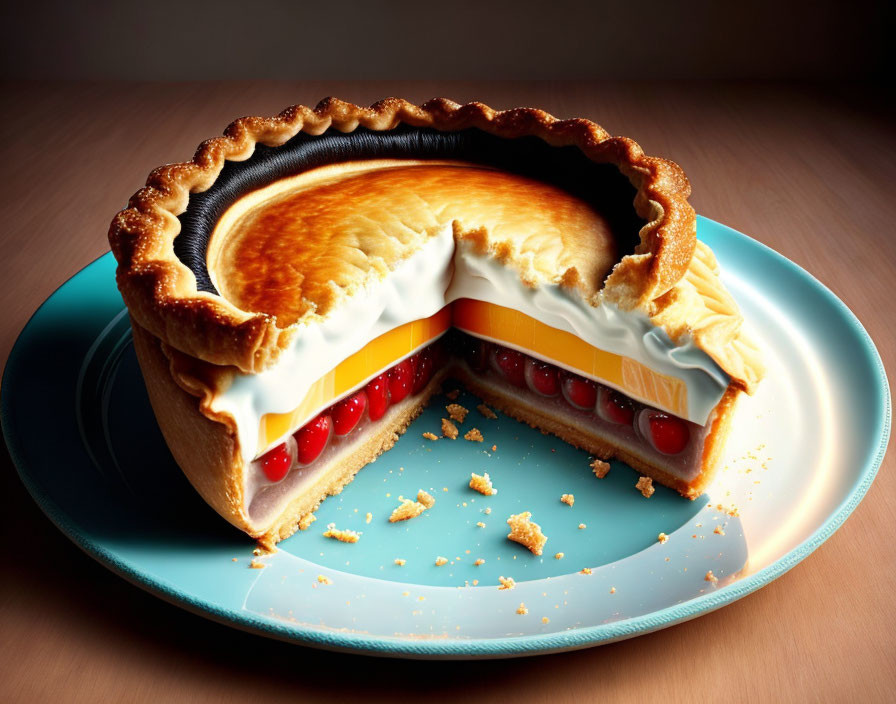 Cream and fruit pie slices on blue plate with warm lighting