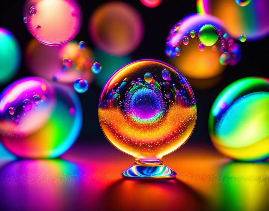 Vibrant crystal ball with soap bubbles on dark backdrop