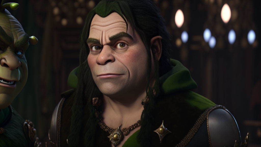 3D animated image of two ogre characters, one in foreground with contemplative expression