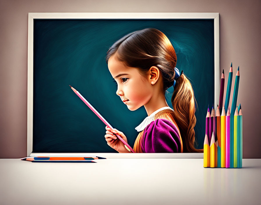 Stylized image of young girl with pencil at chalkboard