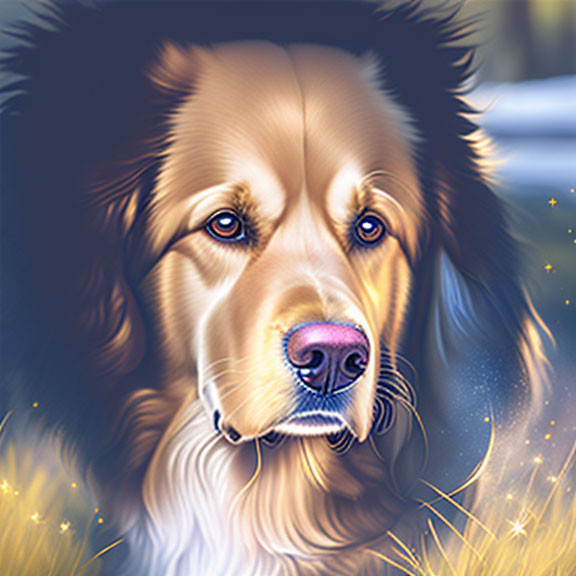 Golden retriever illustration with whimsical glowing background