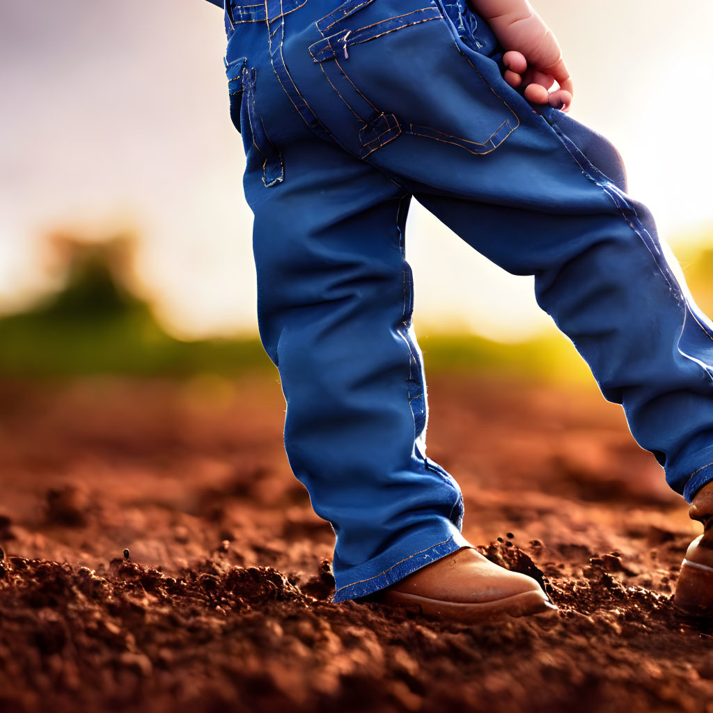 Toddler in Blue Jeans and Brown Boots on Dark Soil in Warm Backlight