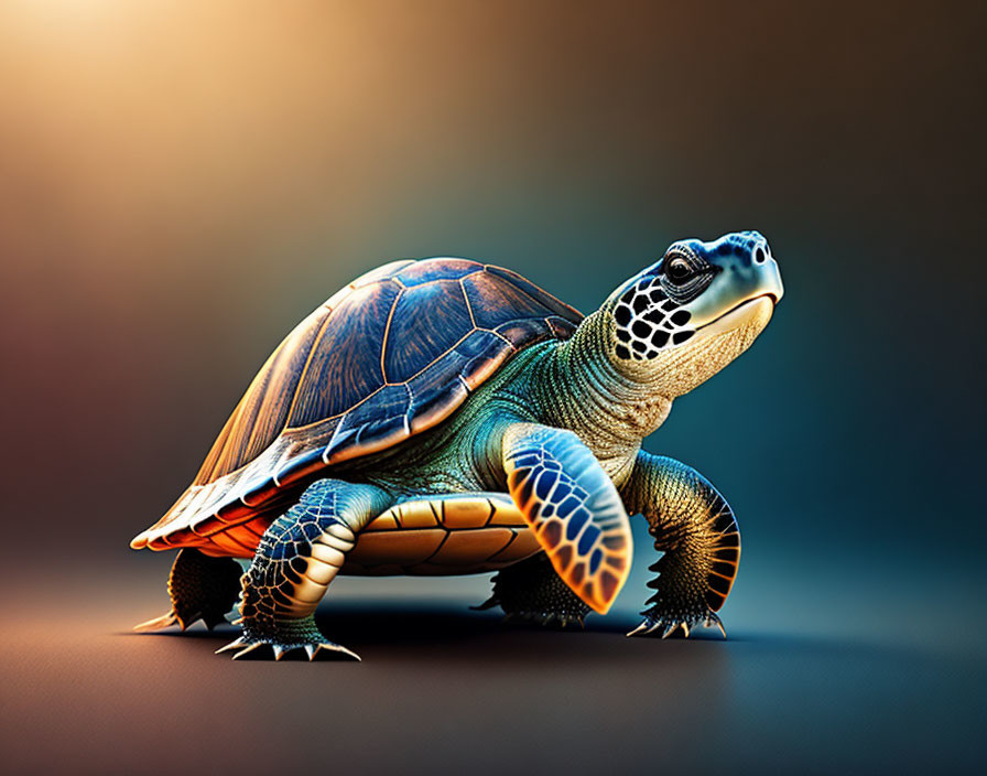 Colorful Sea Turtle with Patterned Shell on Graduated Background