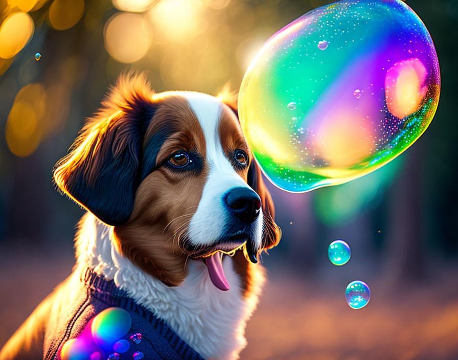 Dog in Sweater Admiring Iridescent Bubble in Forest