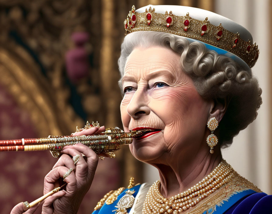 Regal woman in crown and pearls playing jeweled scepter like a flute