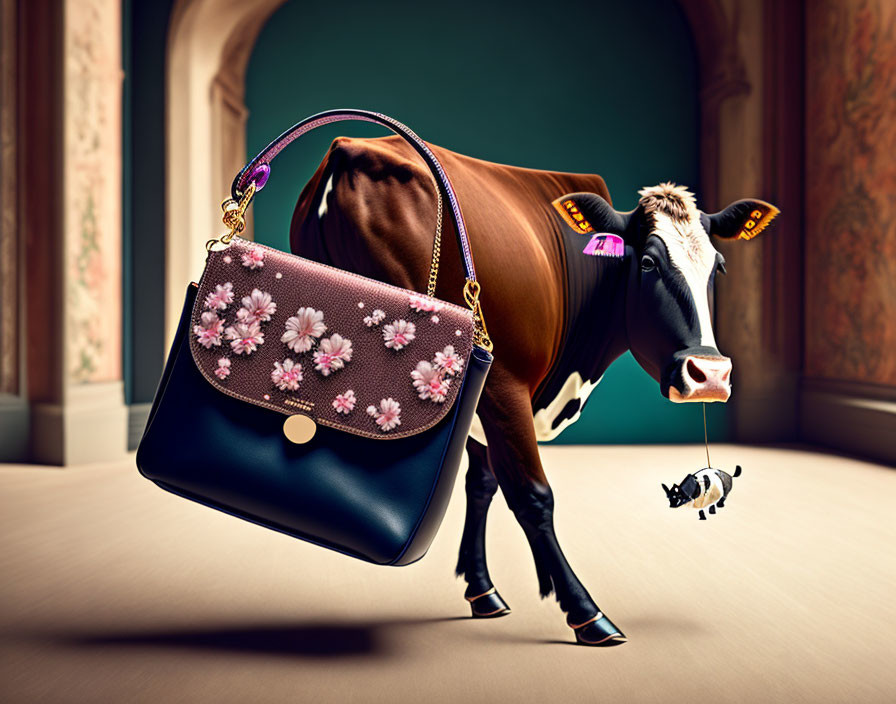 Cow with designer purse playing with cow-patterned toy in elegant room