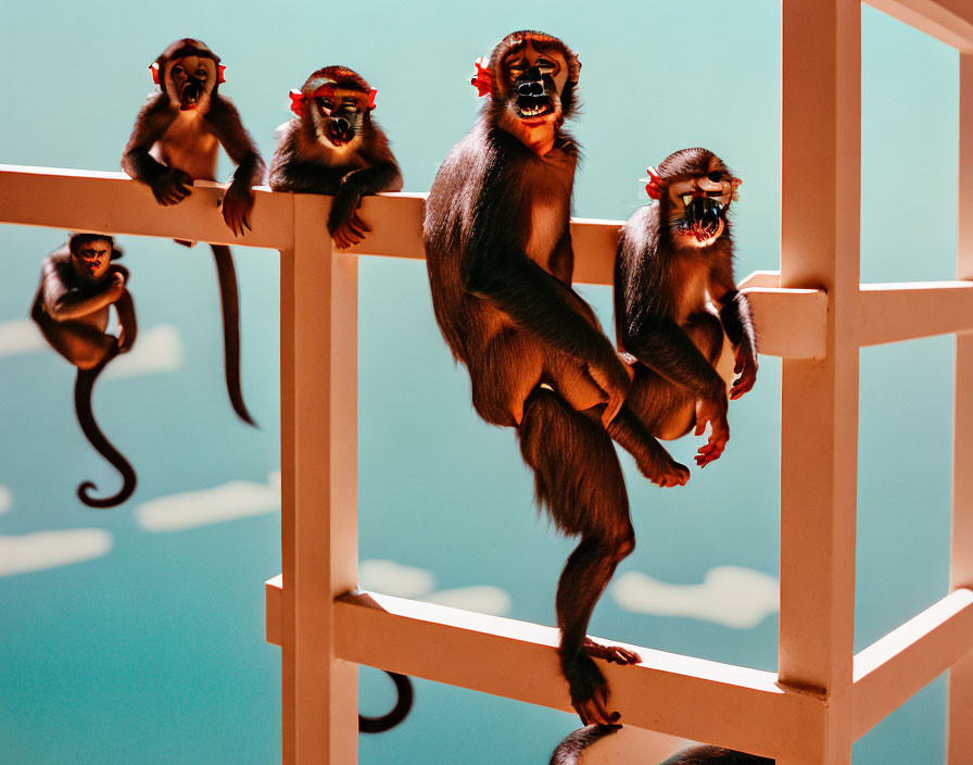 Five monkeys with vivid facial markings on white railing against turquoise background