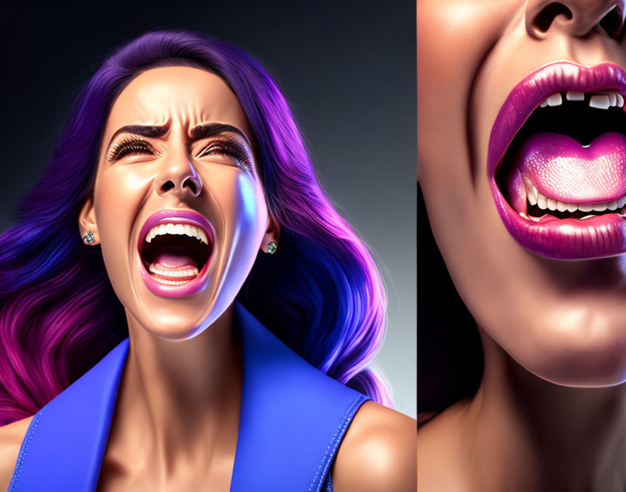 Colorful digital artwork of woman with purple hair screaming, highlighting detailed teeth.