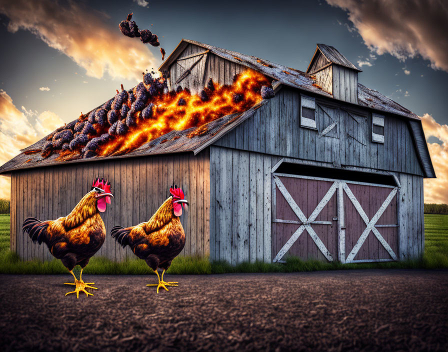 Chickens in front of barn with fiery explosion and flying debris in dramatic scene.