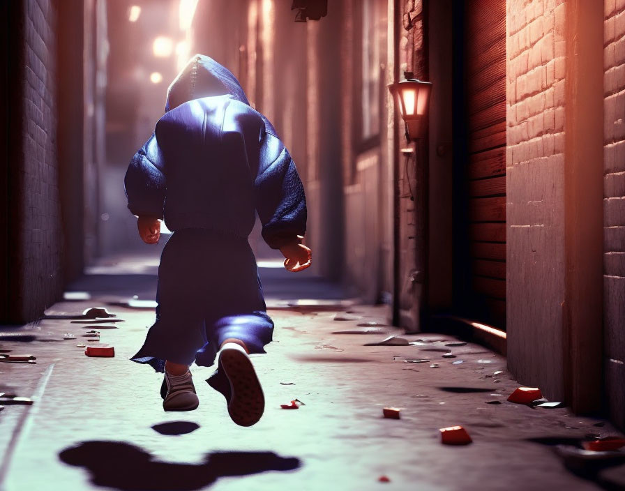 Child in blue hoodie running in dimly-lit alley at night