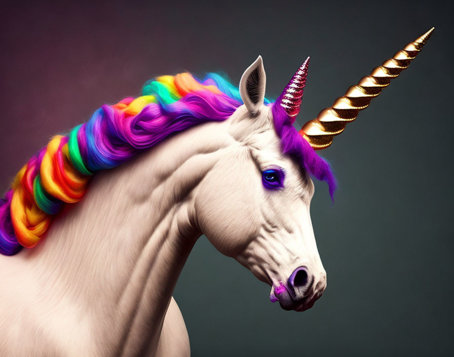 Rainbow-Maned Unicorn with Golden Horn on Dark Background