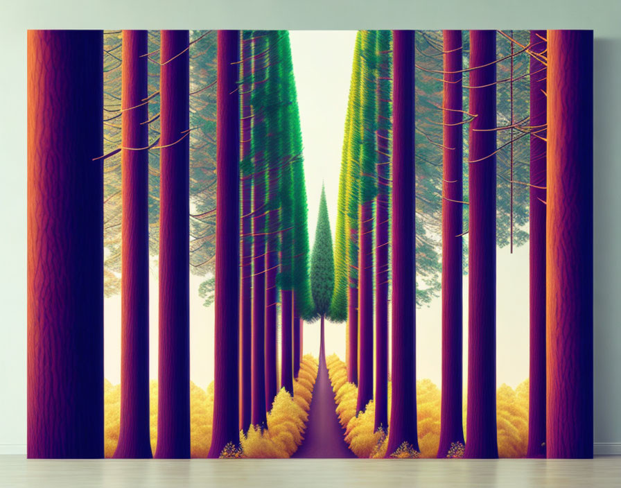 Symmetrical pathway through surreal forest mural