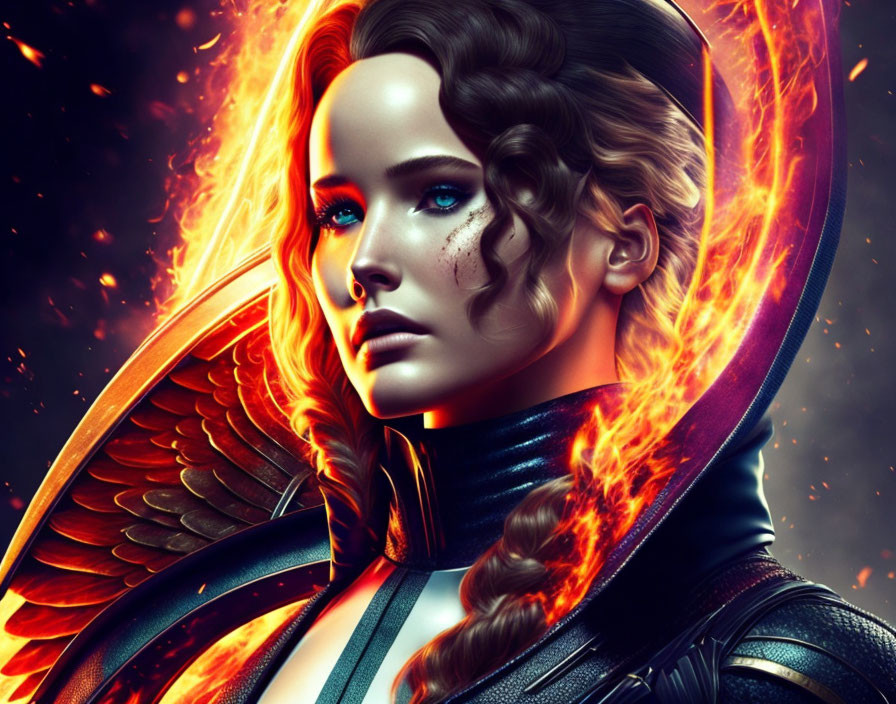 Digital Artwork: Woman with Fiery Wings and Hair in Flames