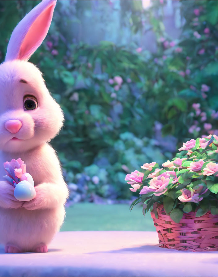 Animated rabbit with blue egg in magical garden setting