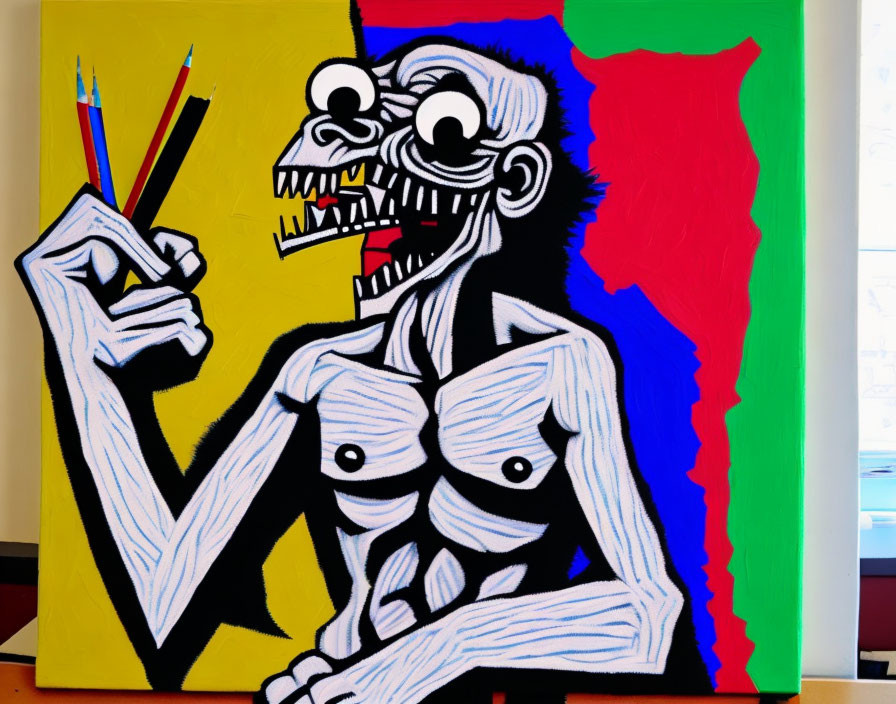 Vibrant painting of skeletal figure with pencils on colorful background