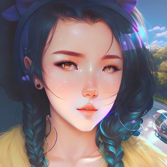 Fantasy-themed woman illustration with sparkly eyes, blue hair, cat ears, sunlit background,