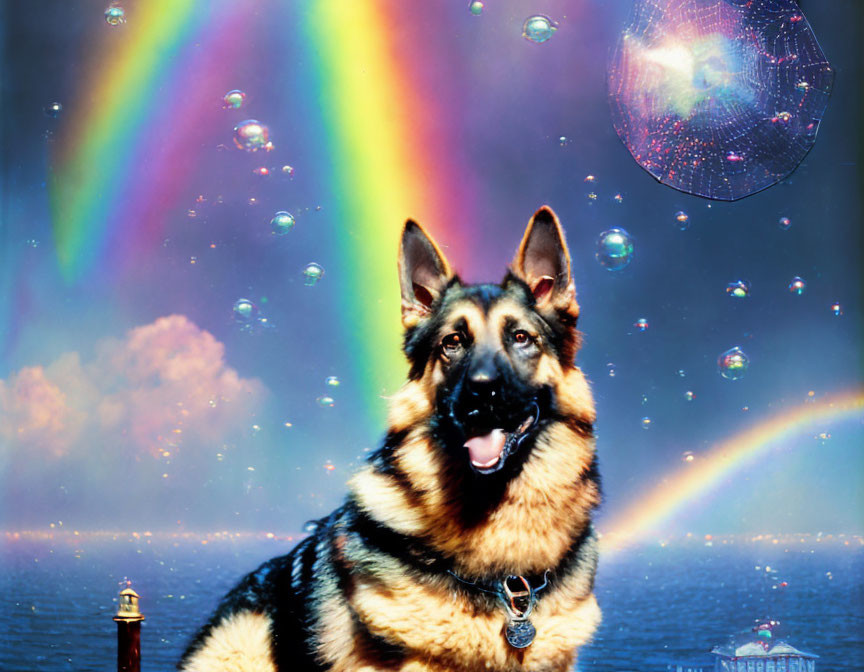 German Shepherd with collar in surreal rainbow, bubble, disco ball, starry sky backdrop