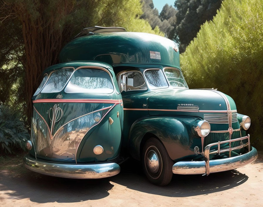 Classic Green Car and Travel Trailer with Decorative Paint and Chrome Detailing