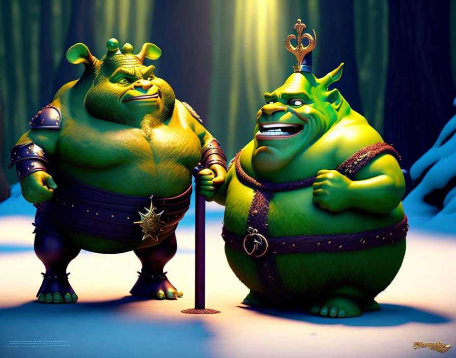 Animated ogres in forest: one in armor, one with crown