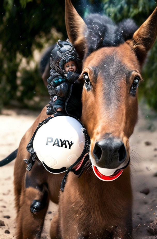 Baby in dinosaur costume rides horse with ball labeled "PAXY