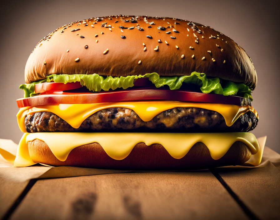 Succulent cheeseburger with lettuce, tomato, melted cheese, beef patty on sesame bun