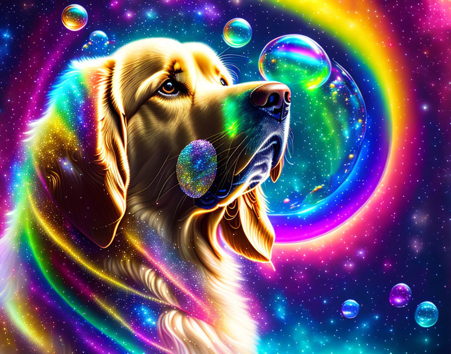 Colorful digital artwork: Golden retriever with bubbles on cosmic backdrop