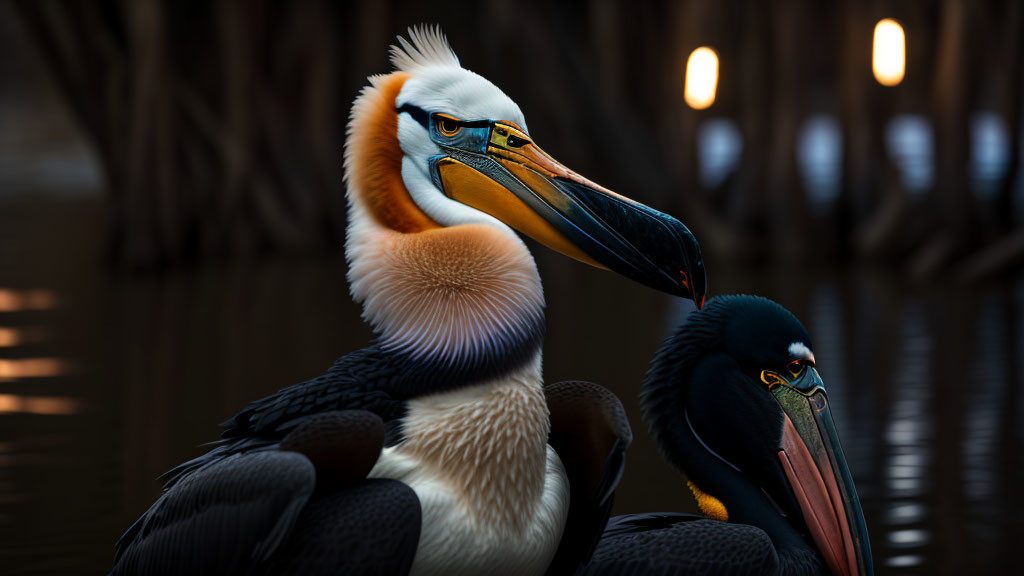 Two Pelicans Perched in Dark Water with Vibrant Feathers and Bills