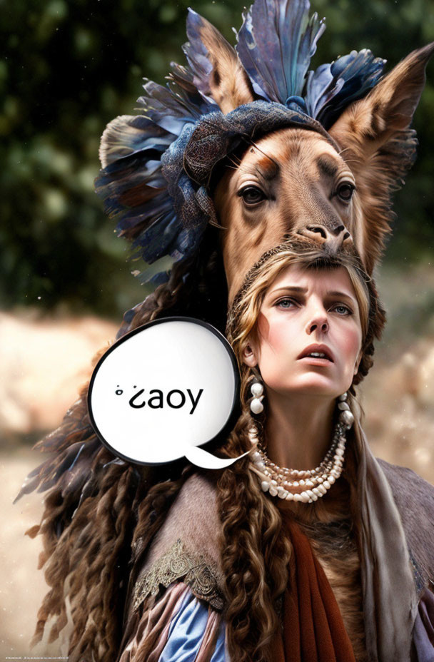 Woman and camel with feathered headwear, camel speech bubble "Σαογ