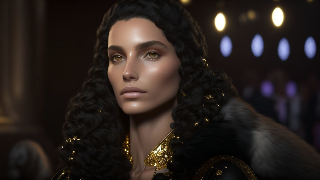 Curly-haired woman with green eyes and gold shoulder armor in elegant setting