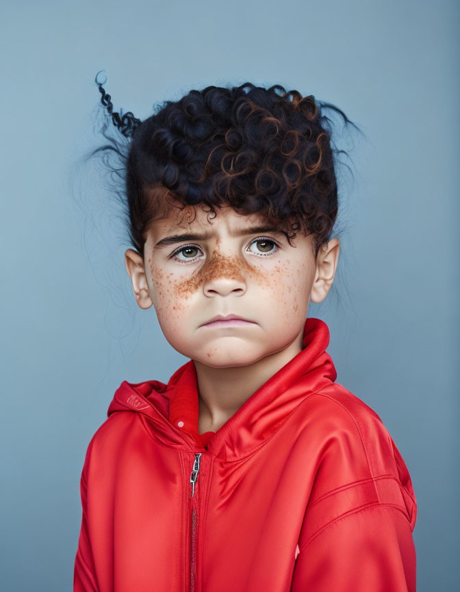 Child with curly hair and freckles in red jacket on blue background