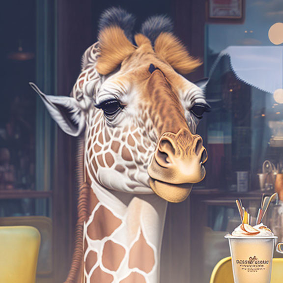 Illustration of giraffe with coffee at urban window