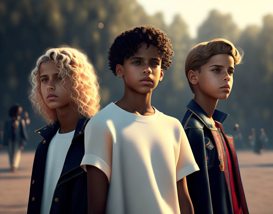 Three children with stylish hair and modern clothing in a sunlit park setting