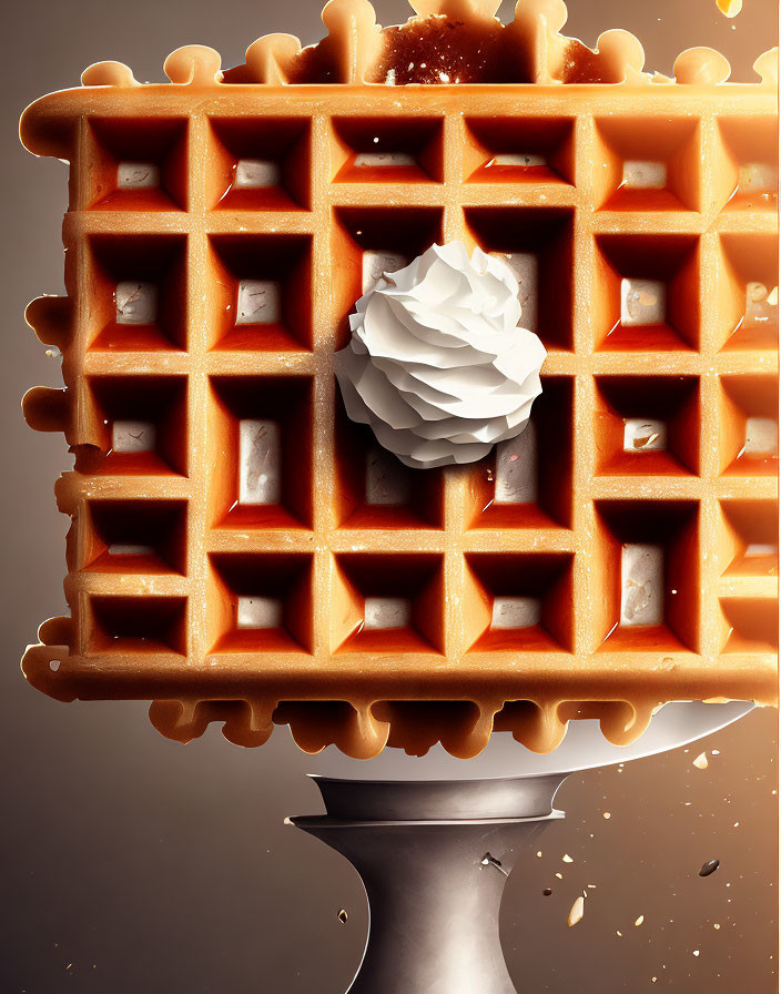 Golden-brown waffle with whipped cream, syrup, and ice cubes on abstract background