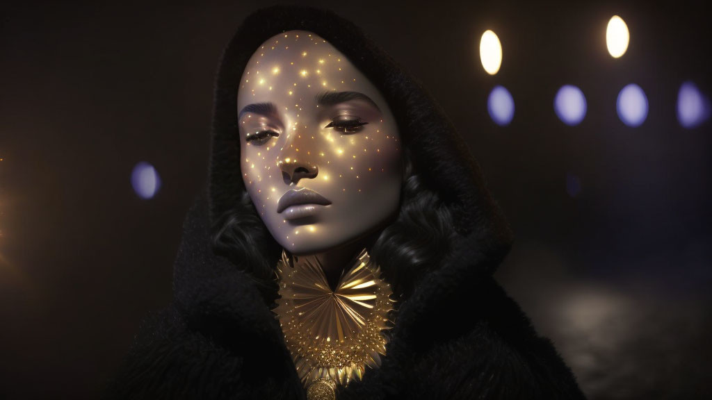 3D-rendered woman with glowing star freckles in hood and golden neckpiece