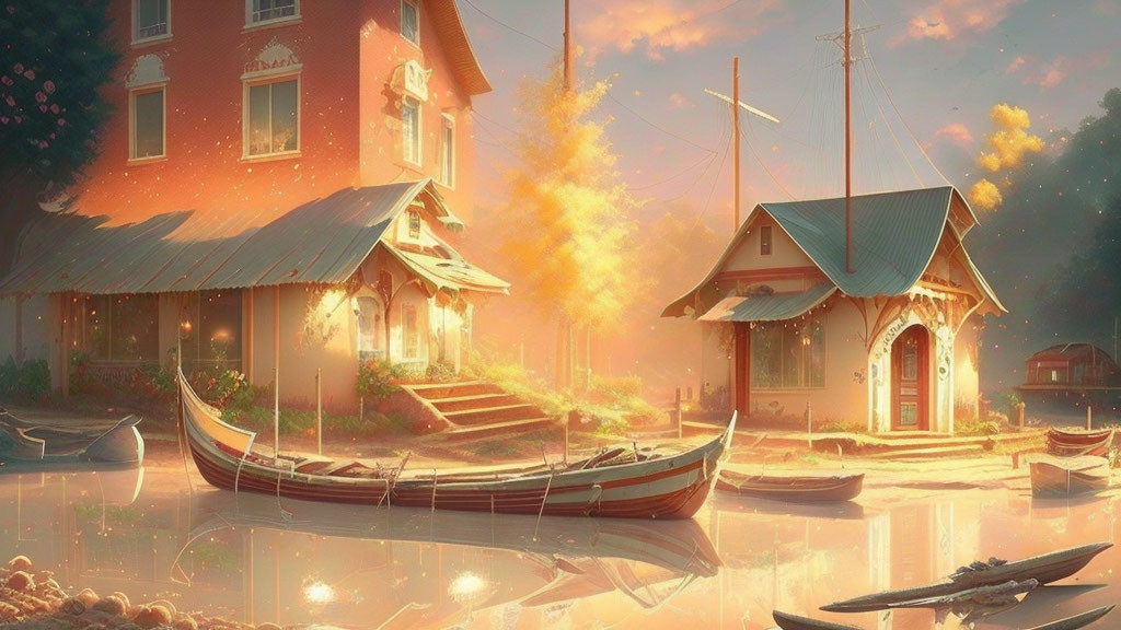 Tranquil waterside sunset scene with warm-lit house and canoes.