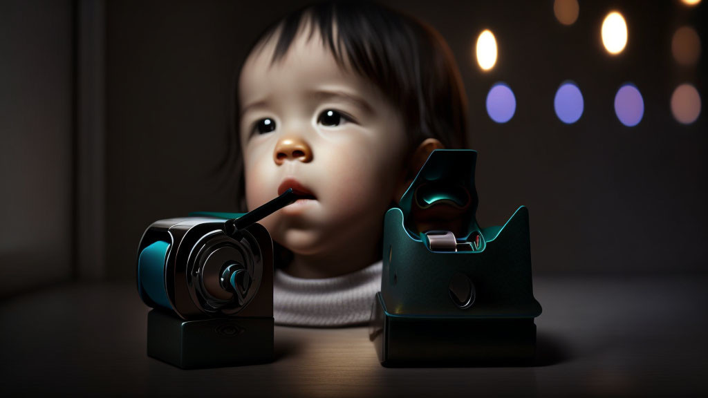 Curious toddler with pacifier under soft lights