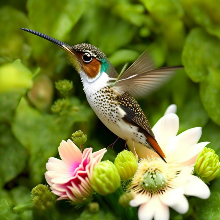 Iridescent hummingbird hovers over pink flowers in green foliage