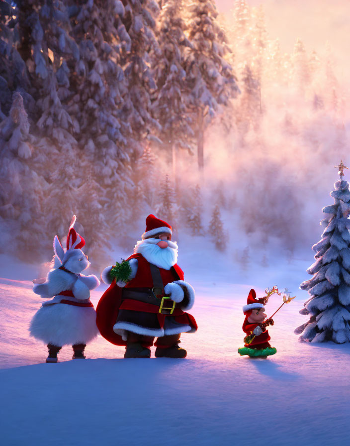 Santa Claus, reindeer, and rabbit in snowy forest at sunset