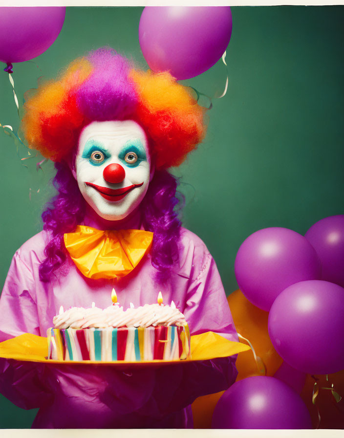 Colorful Clown Holding Birthday Cake with Candle and Balloons on Green Background