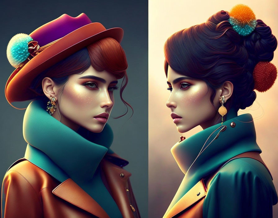 Stylized digital portrait of a woman in striking makeup and accessories, warm color palette.