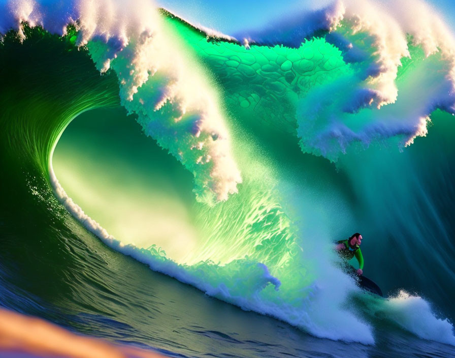 Vibrant wave with rich greens and blues under sunlight spray