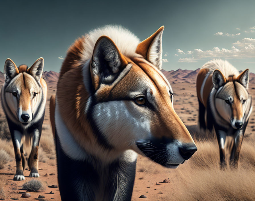 Realistic digital art: Wolves in desert setting with detailed fur and piercing gaze