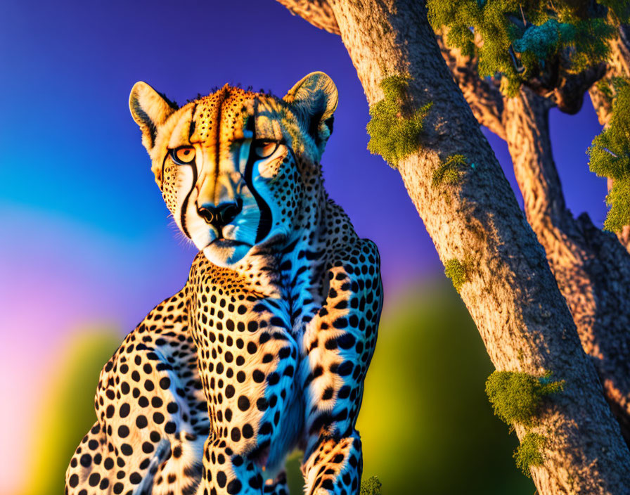 Cheetah on Branch at Sunset with Detailed Fur Patterns