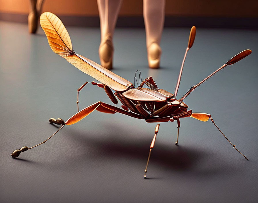 Mechanical Mosquito with Violin Components on Sleek Surface