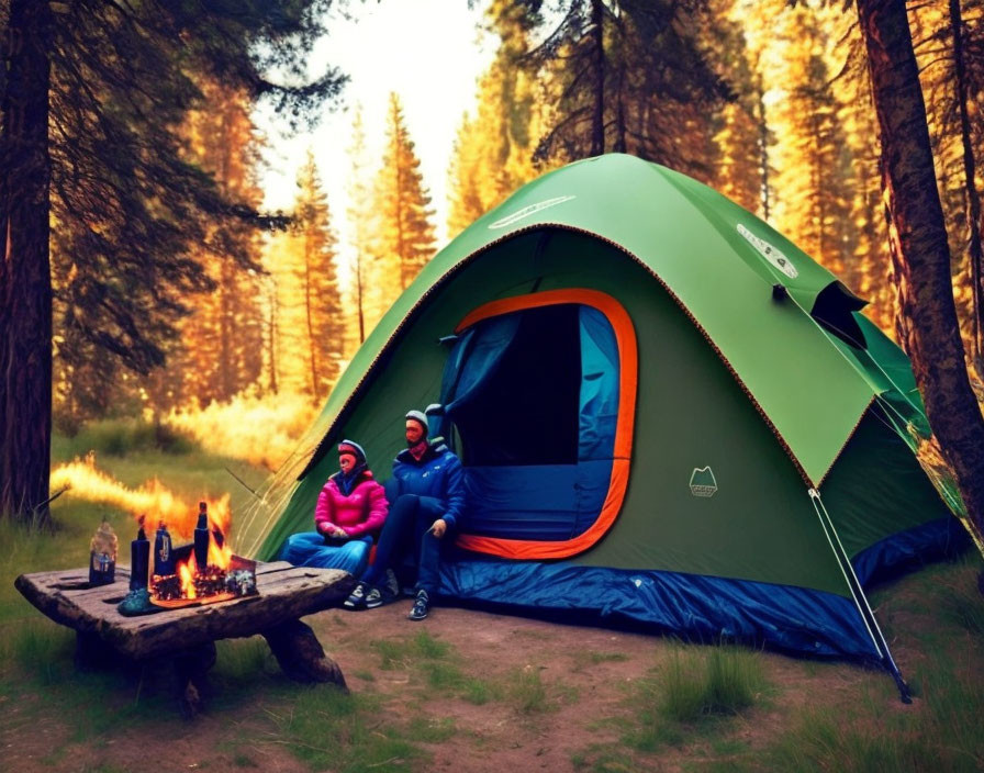 Two individuals by a campfire near a tent in a forest at dusk