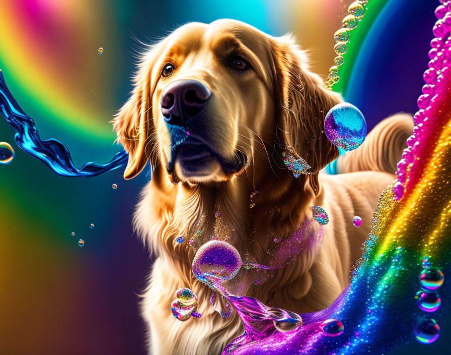 Golden Retriever in Multicolored Liquid Splashes and Bubbles