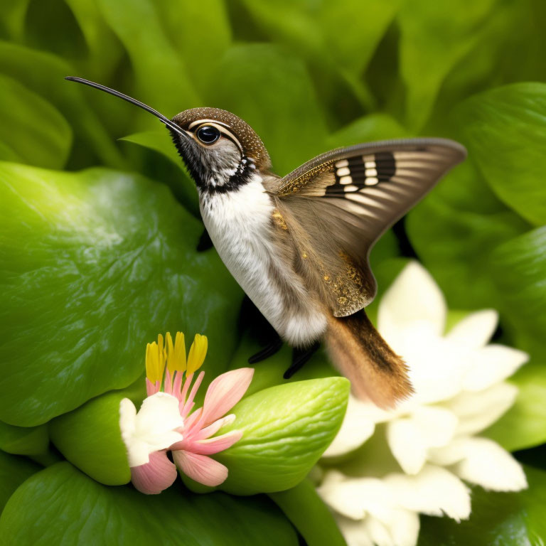 Hummingbird hovering over pink and yellow flower in lush green setting