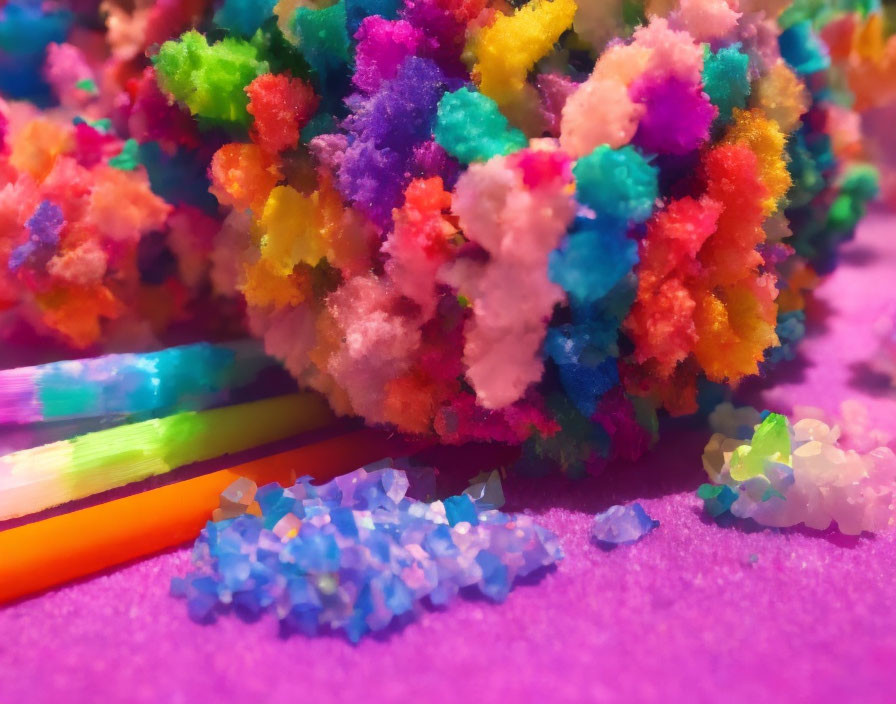 Colorful Pom-Poms, Crystal Sprinkles, and Straws on Pink Surface