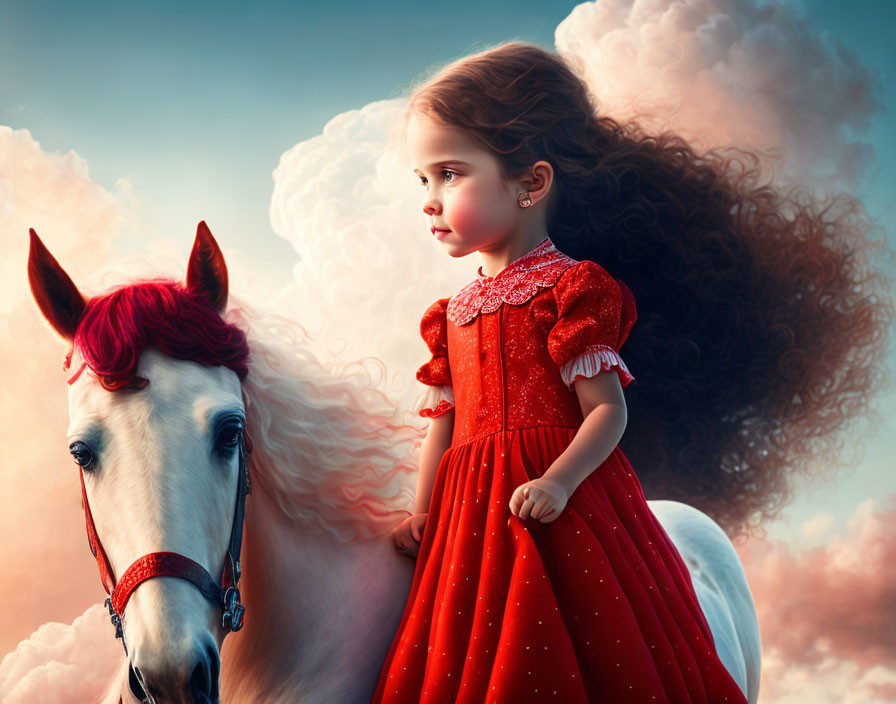 Young girl in red dress rides white horse under dramatic clouds