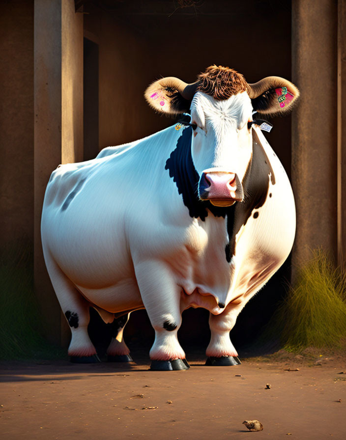 Stylized oversized white cow with black markings and large horns in sunlit alleyway